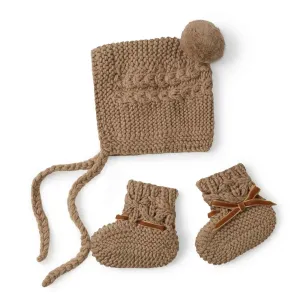 Baby Bonnet   Booties Set - Fawn Merino Wool