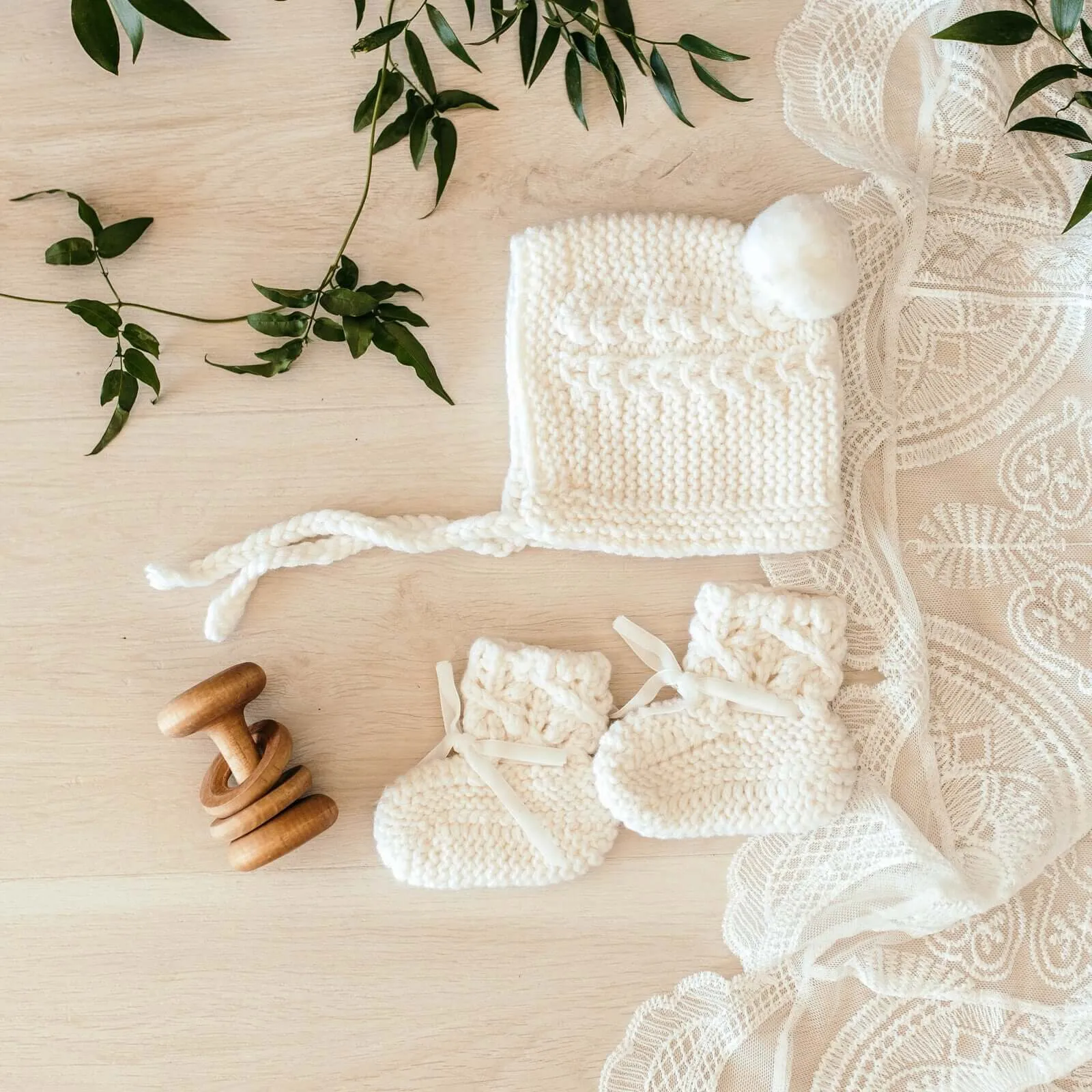 Baby Bonnet   Booties Set - Ivory Merino Wool