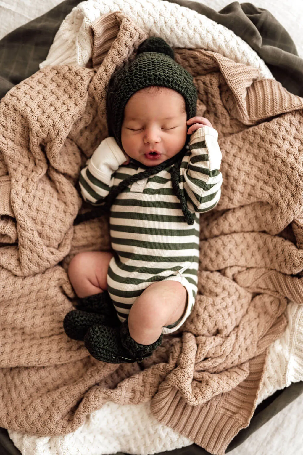 Baby Bonnet   Booties Set - Olive Merino Wool