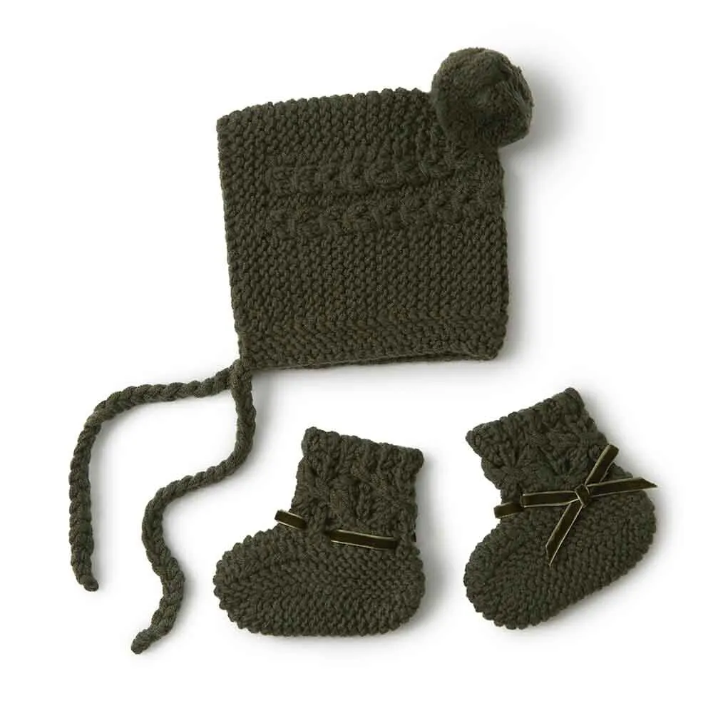 Baby Bonnet   Booties Set - Olive Merino Wool