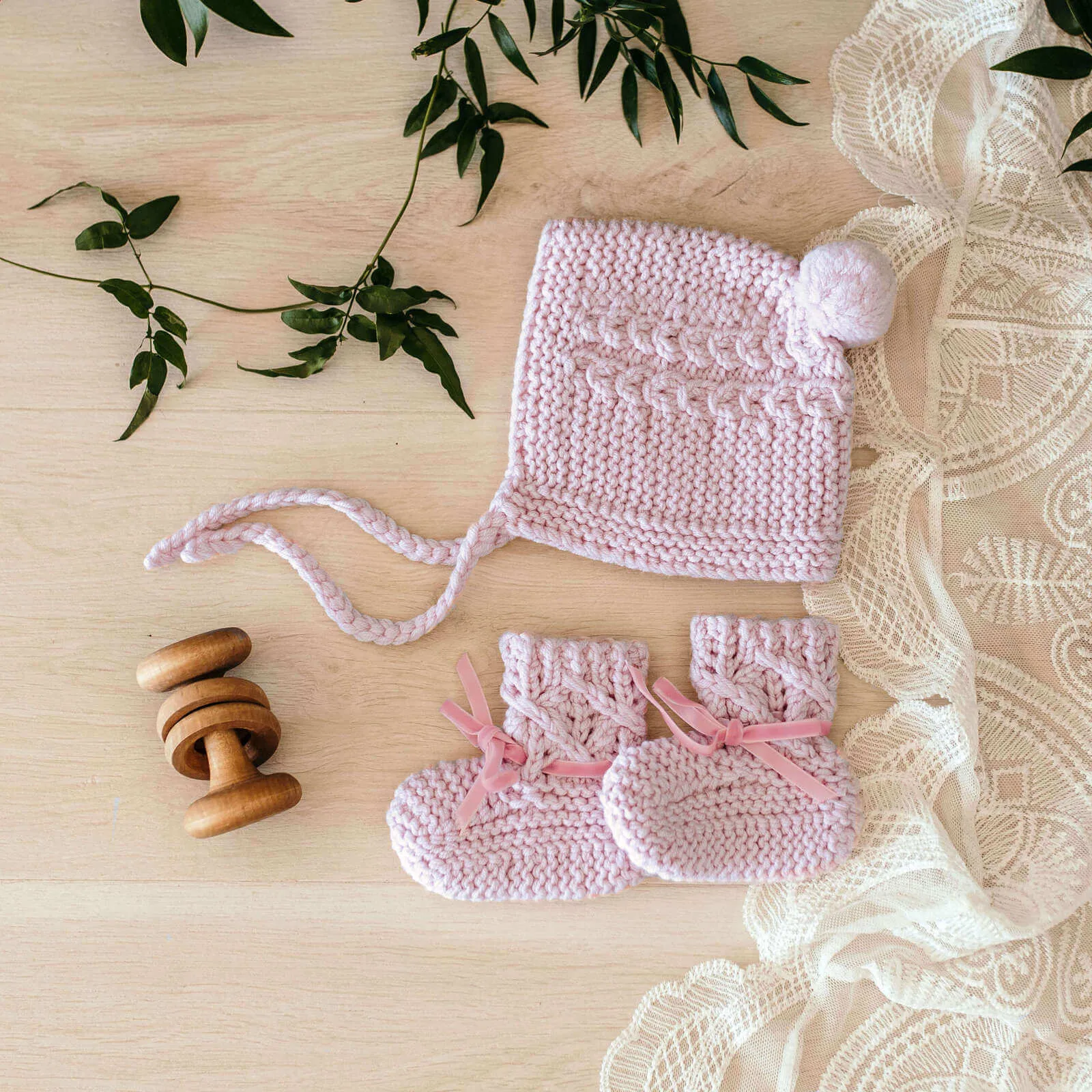 Baby Bonnet   Booties Set - Pink Merino Wool