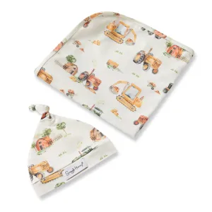 Baby Jersey Wrap   Beanie Set | Diggers & Tractors