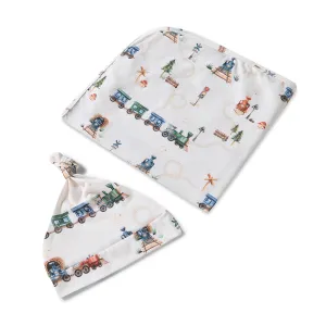 Baby Jersey Wrap   Beanie Set |Trains