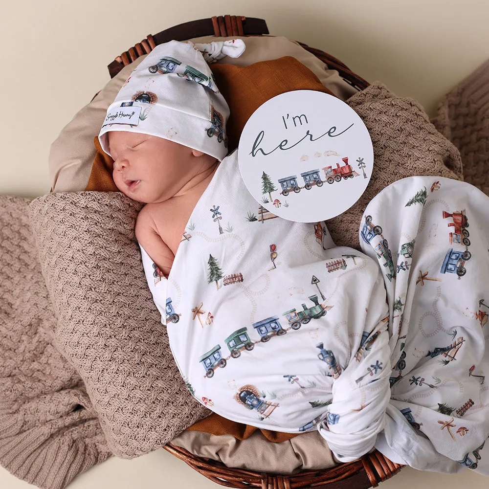 Baby Jersey Wrap   Beanie Set |Trains
