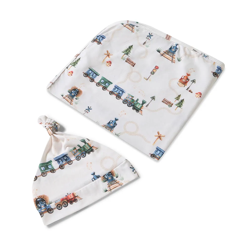 Baby Jersey Wrap   Beanie Set |Trains