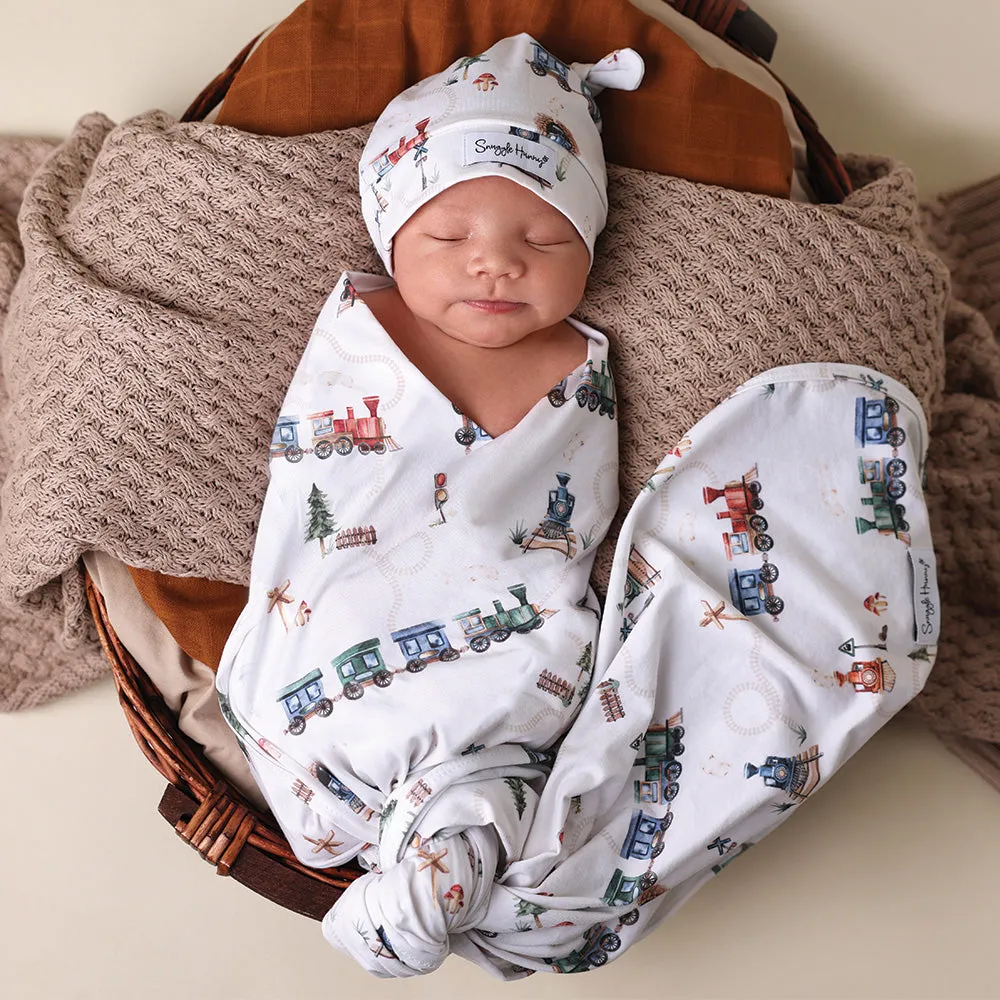 Baby Jersey Wrap   Beanie Set |Trains