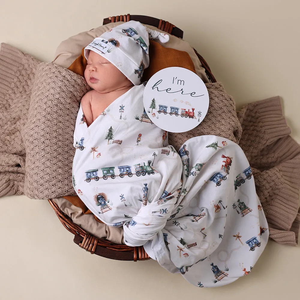 Baby Jersey Wrap   Beanie Set |Trains
