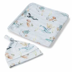 Baby Jersey Wrap   Beanie Set | Whale