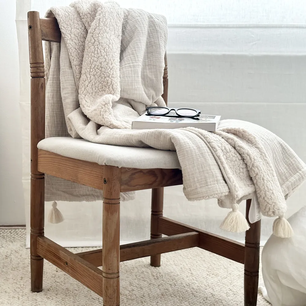 Double Sided Muslin   Faux Fur Blanket | Natural 140x200cm